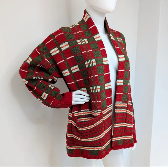 Men's Retro Red, Green, & Orange Plaid Open Style Shawl Collar Cardigan Sweater - Picture 3 of 7